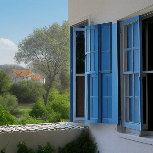 AI generated: home,blue, two windows, one tree