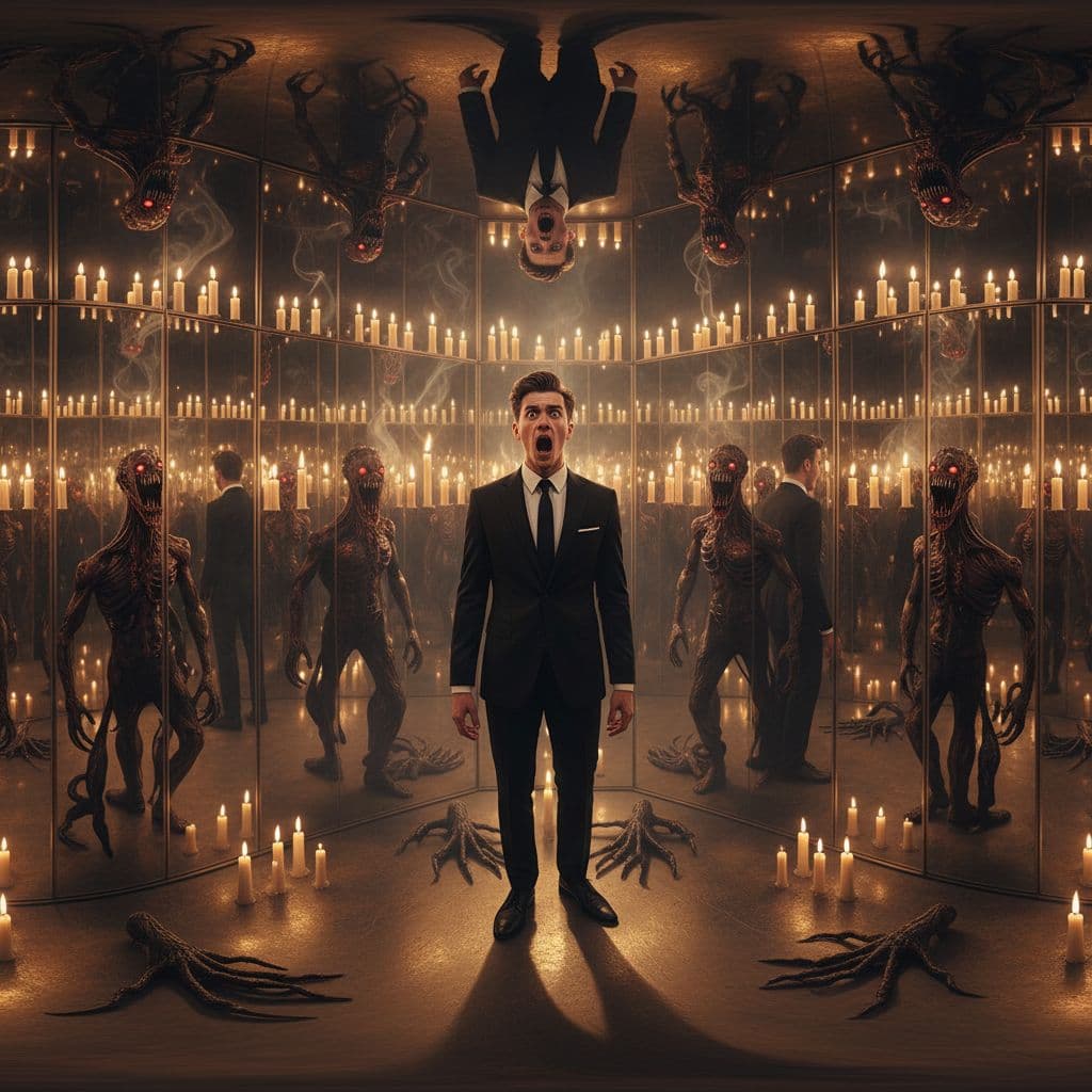 AI generated: 
"A candle-lit mirror room, cinematic 360° pan, a stylish young man terrified, reflections show dis...