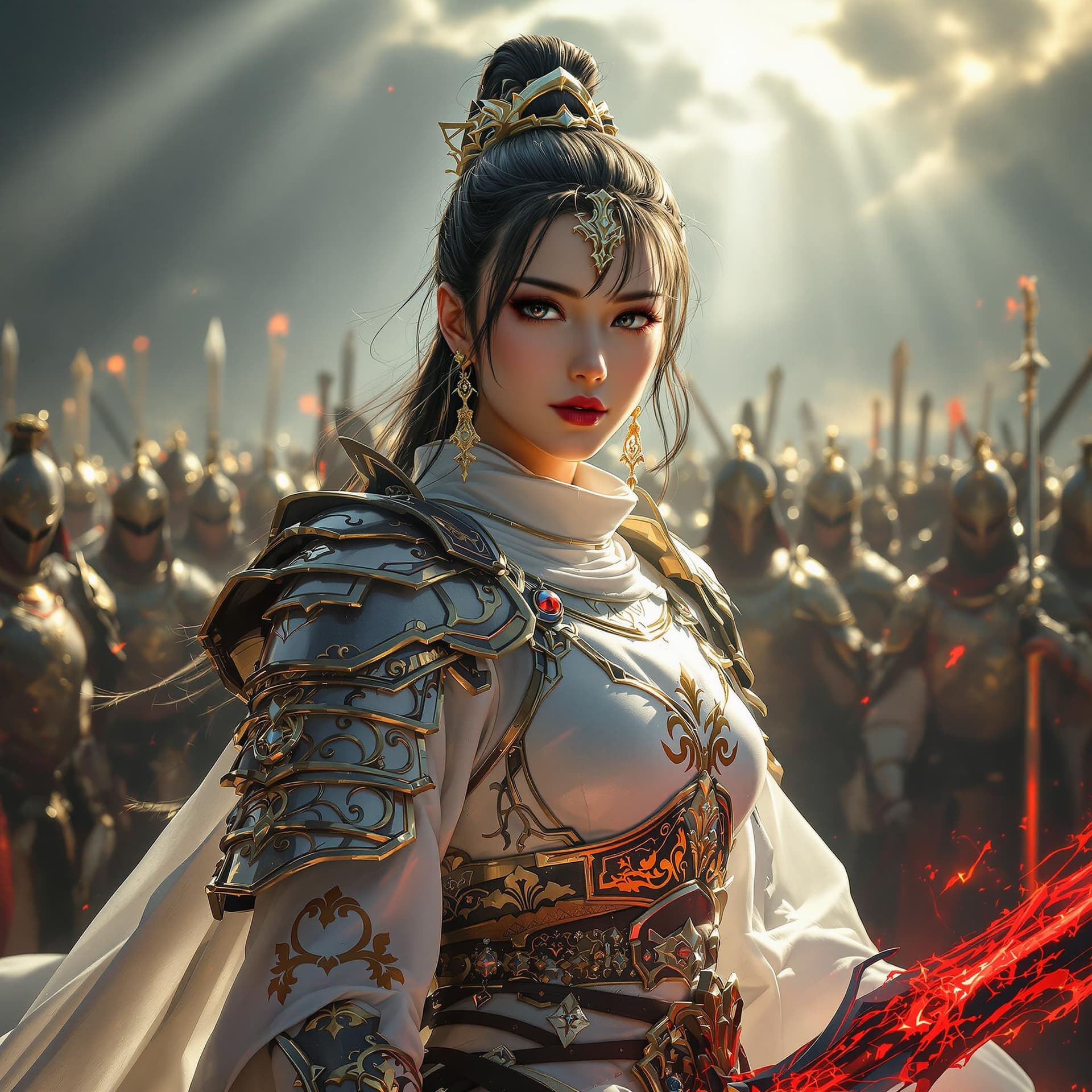 AI generated: Female oriental knight in full armor, hkstyle, white with gold embellishments, bangs, earrings, hold...