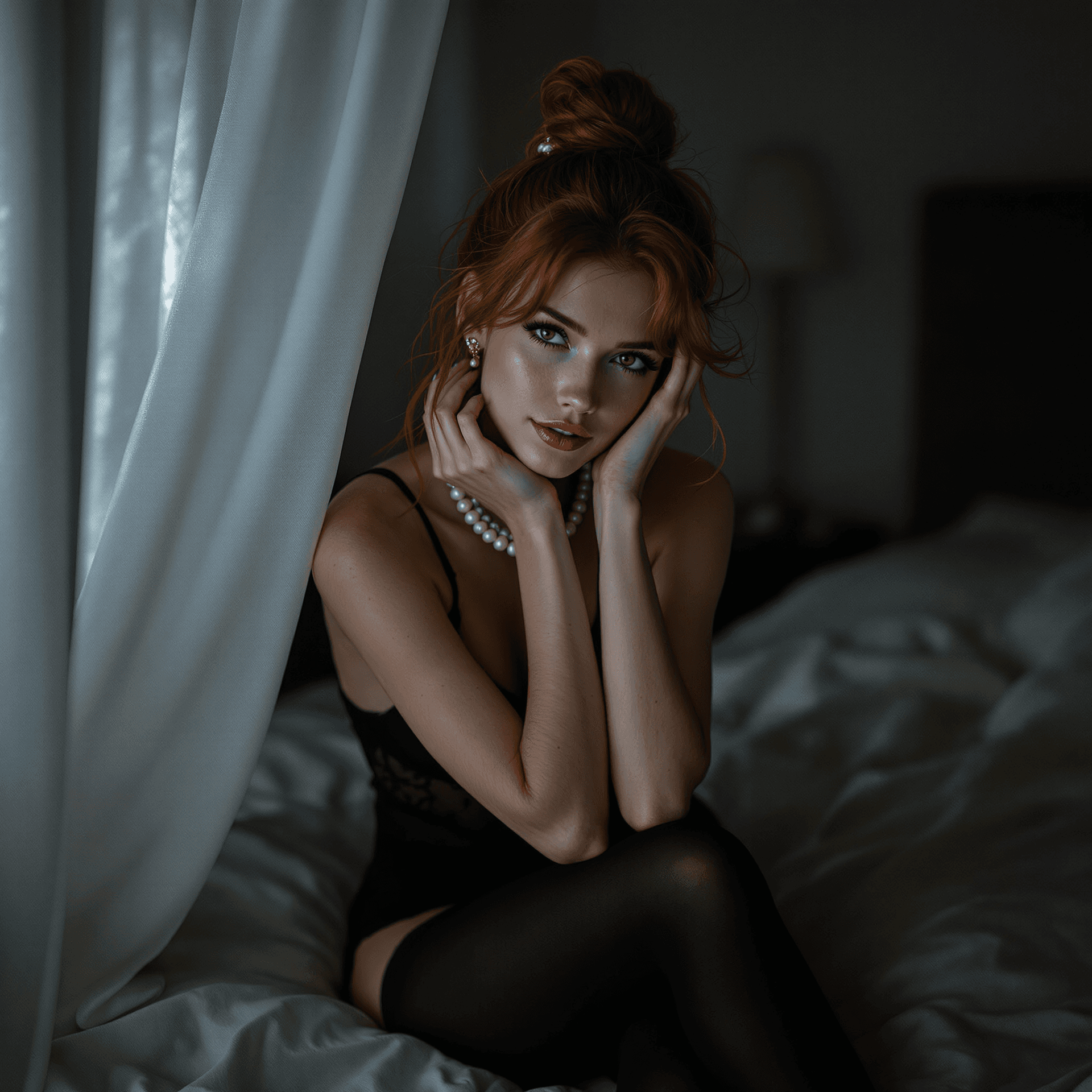 AI generated: High-resolution night photograph of a slender, 36-year-old redheaded European woman, her presence ex...