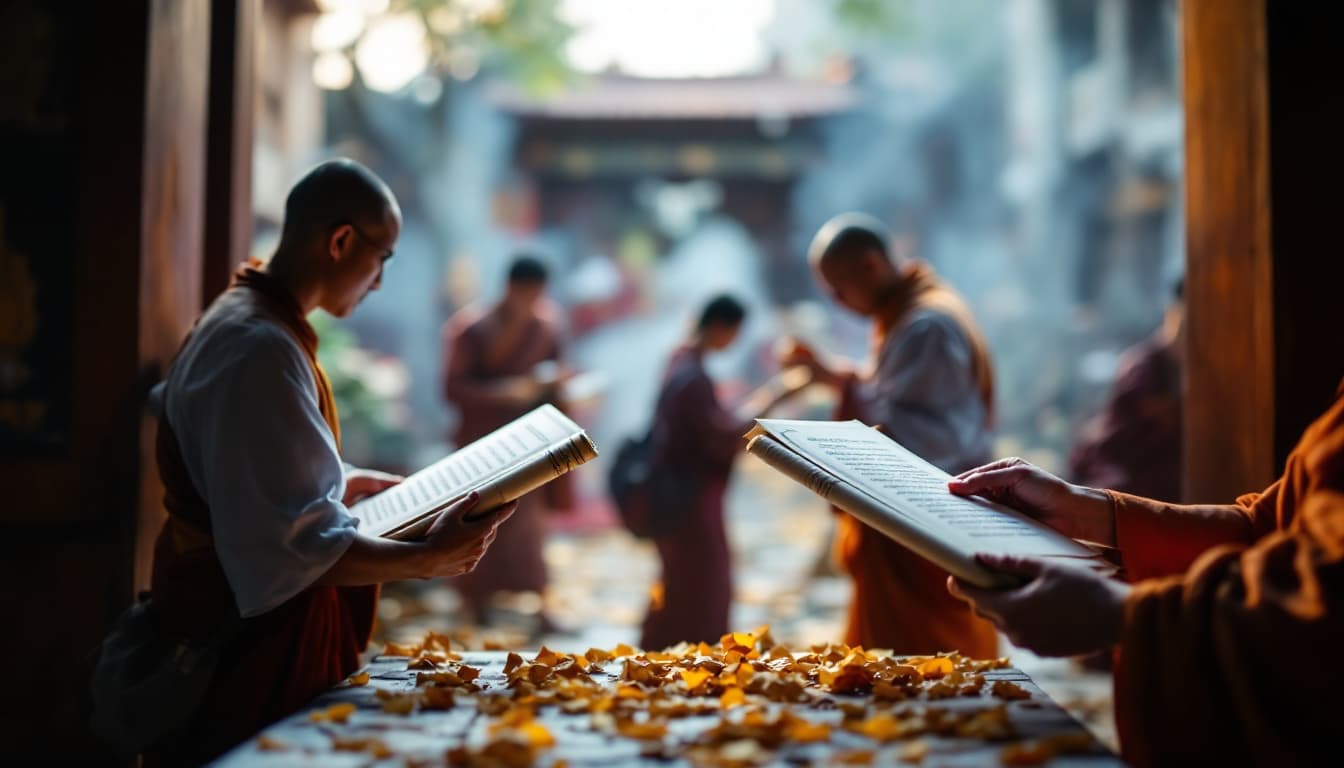 AI generated: A time-lapse showing scrolls being exchanged, a monk carrying Buddhist texts.