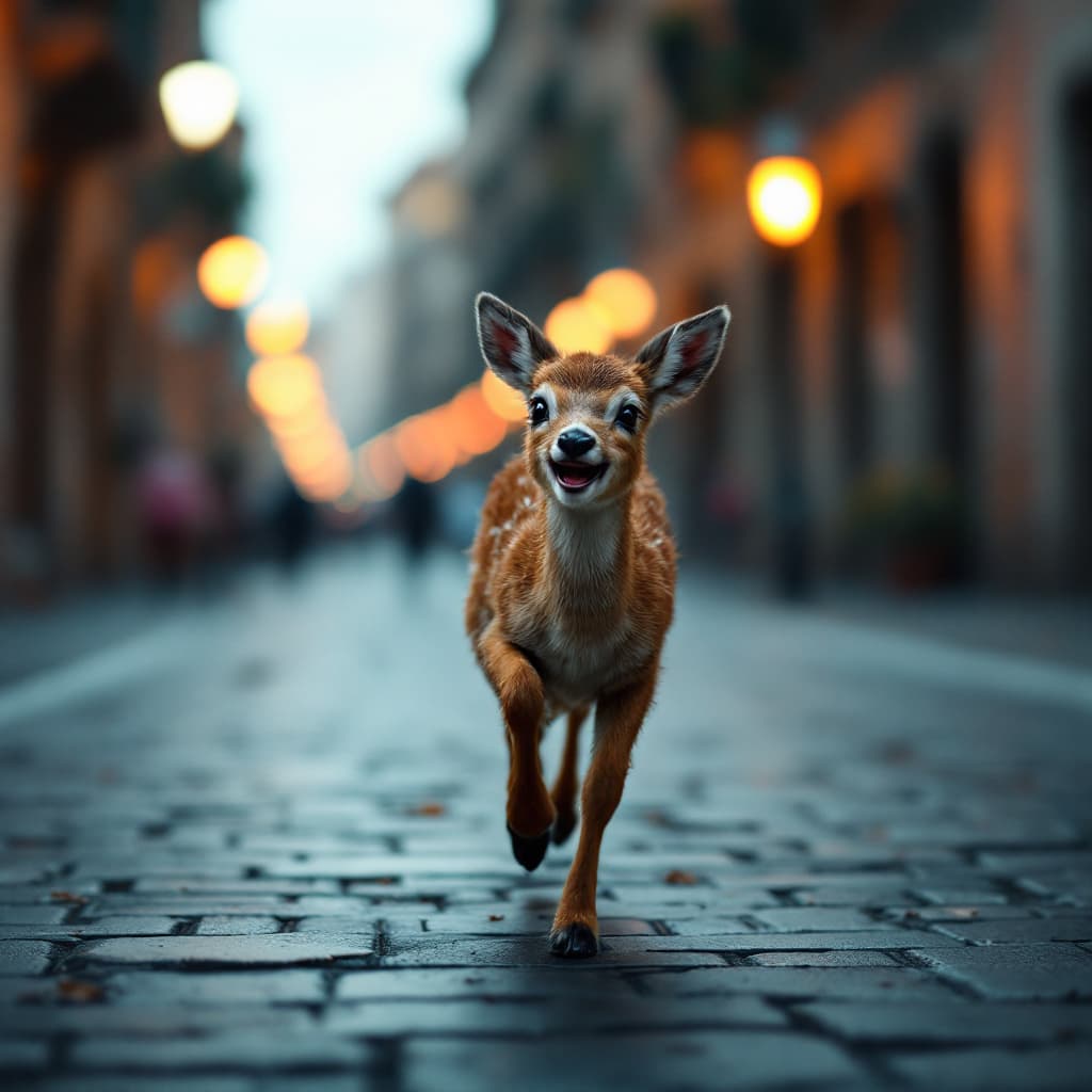 AI generated: a baby deer running and laughing, streets of Rome, dark lights, cinematic, hyper realistic, detalied...