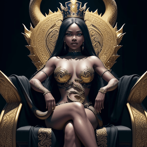 AI generated: A very beautiful queen sitting on a black throne made of gold, with a serpent-dragon like elements a...