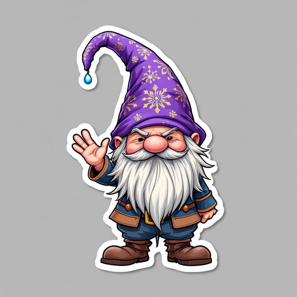 AI generated: A highly detailed full-body cartoon sticker of a whimsical gnome character. The gnome is wearing a v...