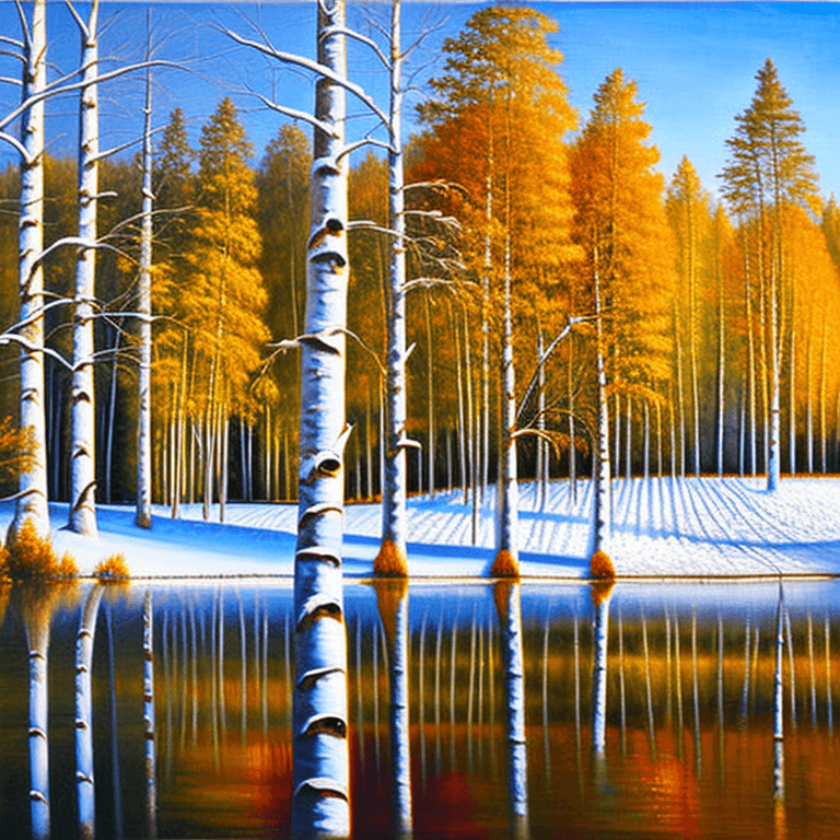 AI generated: a painting of some trees in the snow, an oil painting, shutterstock, american scene painting, birch ...