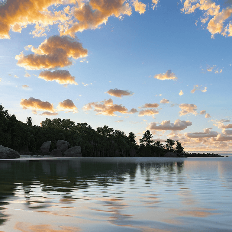 AI generated: photorealistic oil on canvas,
sparse clouds in a soaring sky, 
small trees, rocks, beach,
beautiful ...