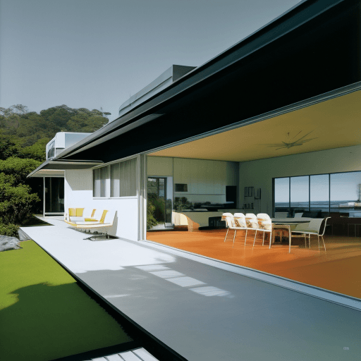 AI generated: Hyper realistic eye level exterior photo of a mid century modern style house overlooking the ocean, ...