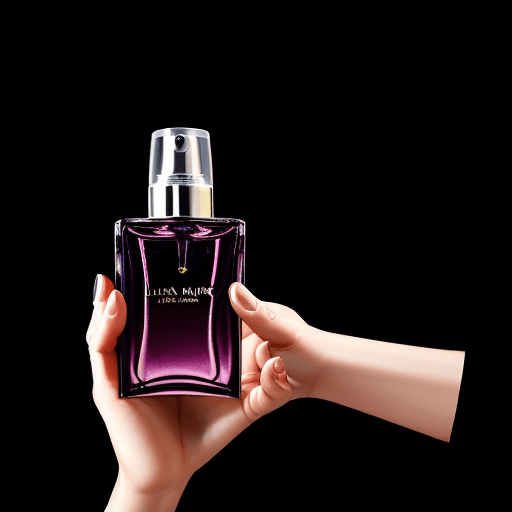 AI generated: Realistic photo of a hand pressing a perfume spray, luxury, dark background, side view