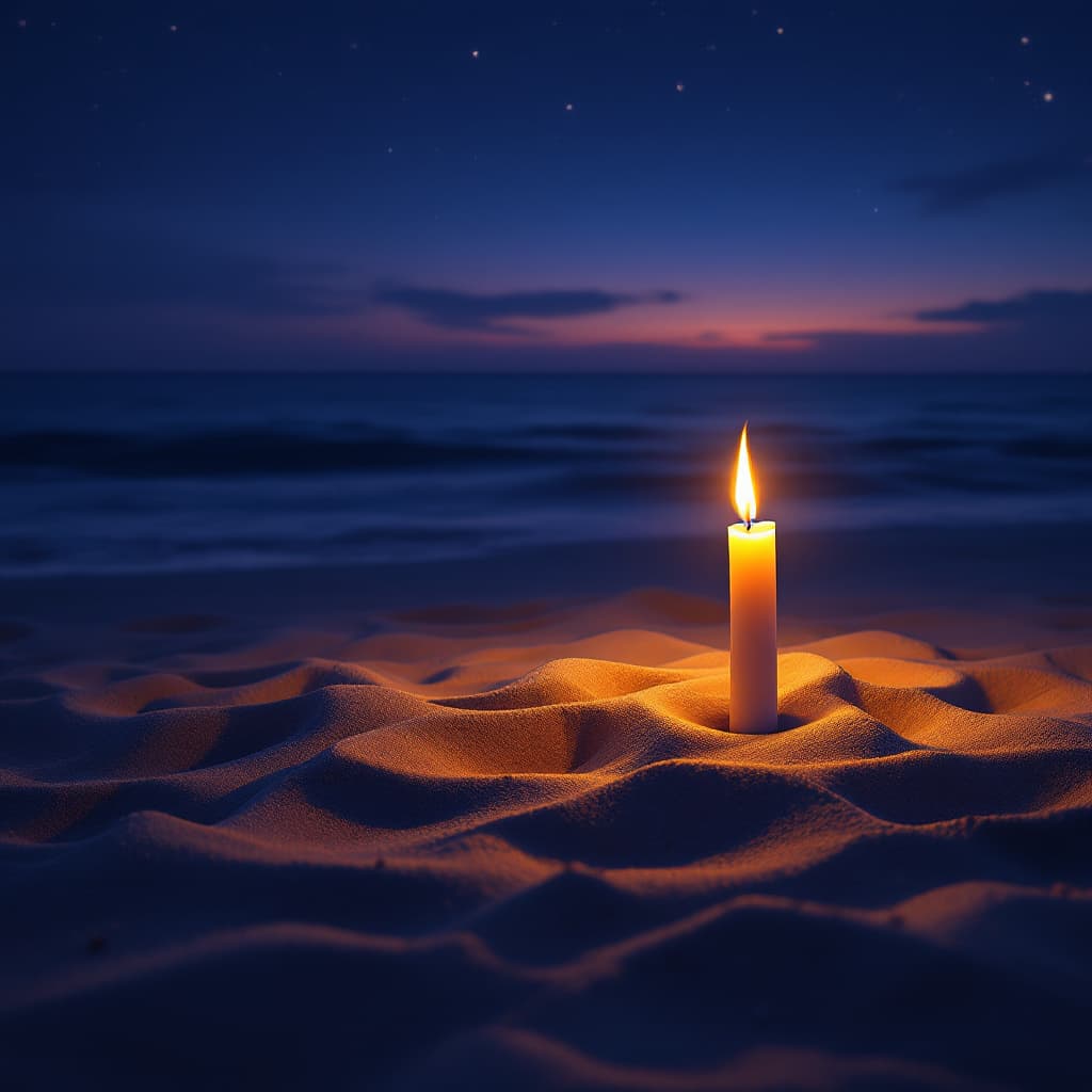 AI generated: a single candle glowing softly on a quiet beach at twilight, warm golden light casting shadows on fi...
