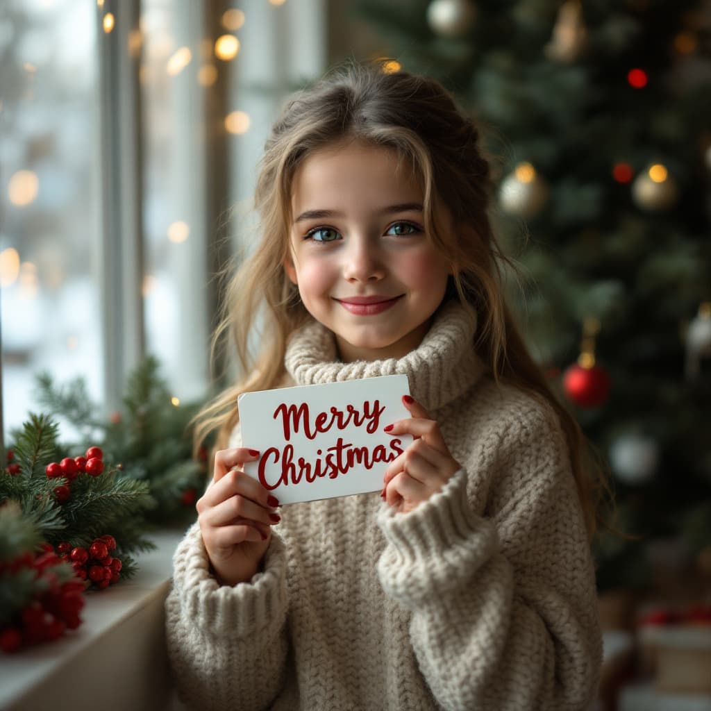 AI generated: very beautiful girl,christmas scene,"merry christmas" on a little sign,present,christmas look,full b...