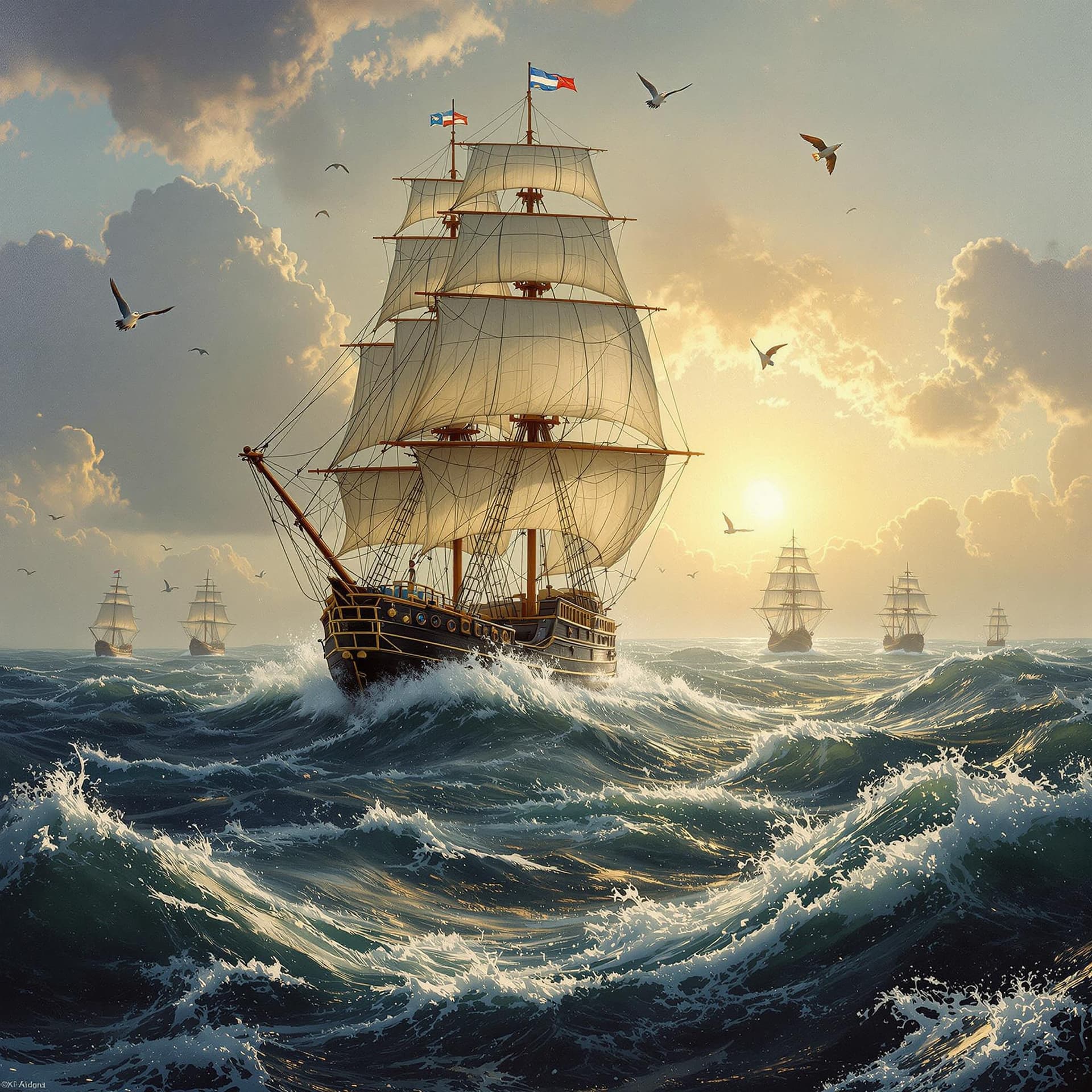 AI generated: Oil painting of an ultra-realistic racing ship, dramatic light, pale sunrise, windy, rough seas, exo...