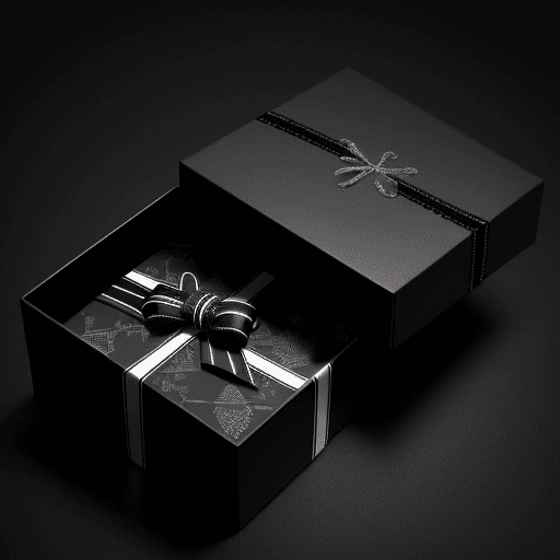 AI generated: Black gift box with interesting black designs on it and with a black background of a mall

