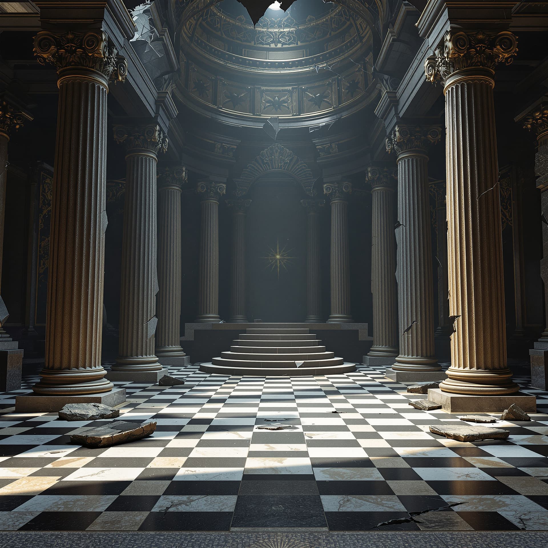 AI generated: Empty throne room with cracked and broken pillars, checkered floor, realistic 3d illustration. cinem...