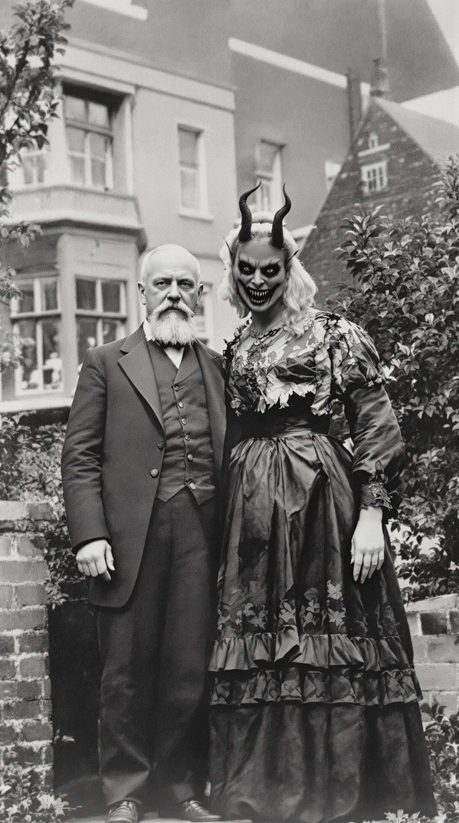 AI generated: Black and white portrait from the year 1890 of a man and his wife stood outside in their victorian h...