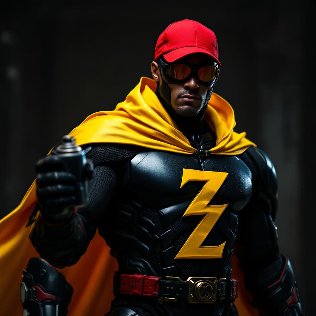 AI generated:  ultra real A BLACKMAN in a red baseball cap backwards, yellow sunglasses, in a black and red dark k...