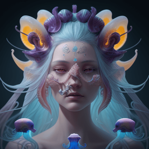 AI generated: Goddess close-up portrait ribcagel. jellyfish phoenix head, nautilus, orchid, skull, betta fish, bio...