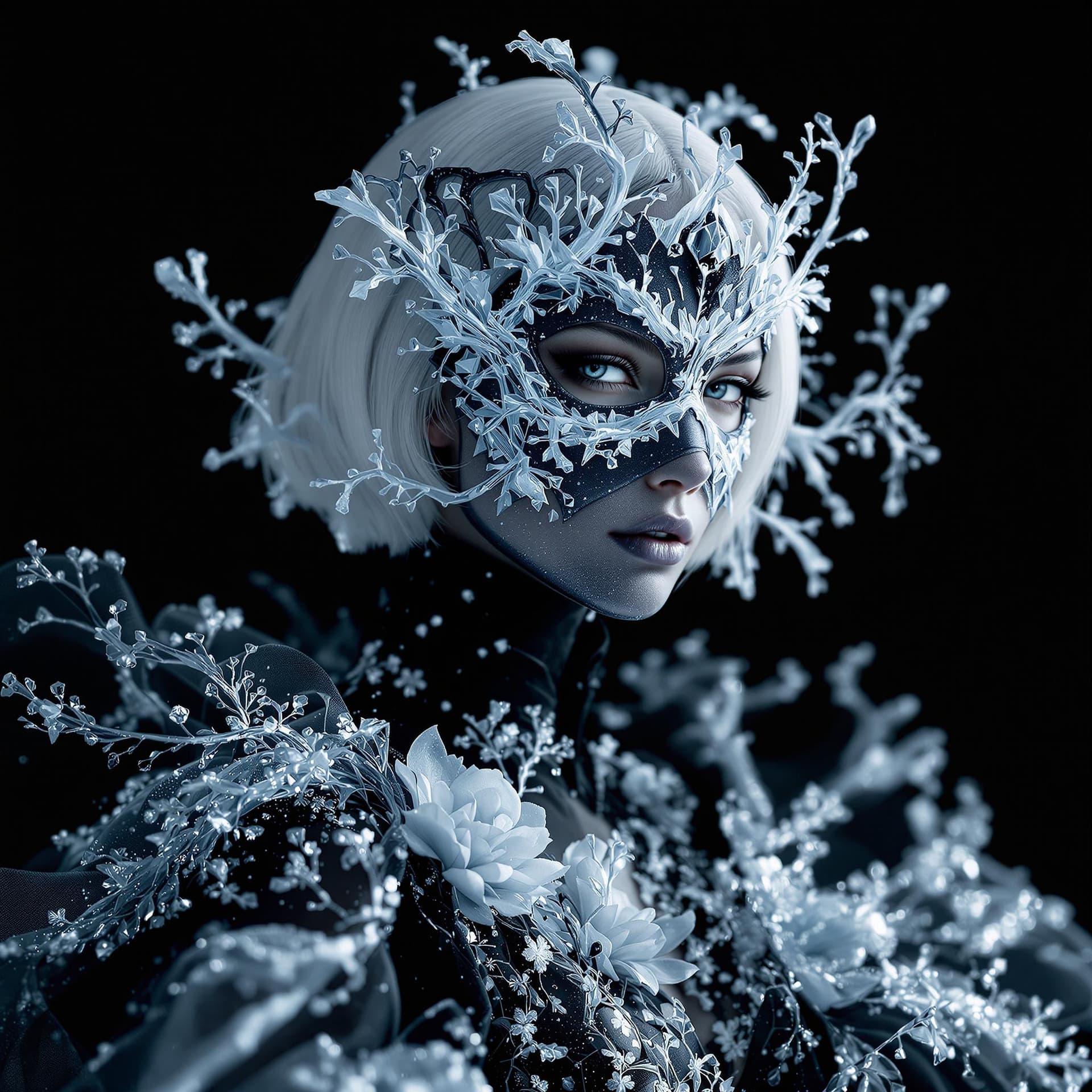 AI generated: A hyper-realistic portrait, in HD, 8K, of a young tall slender woman wearing an iced carnaval full b...