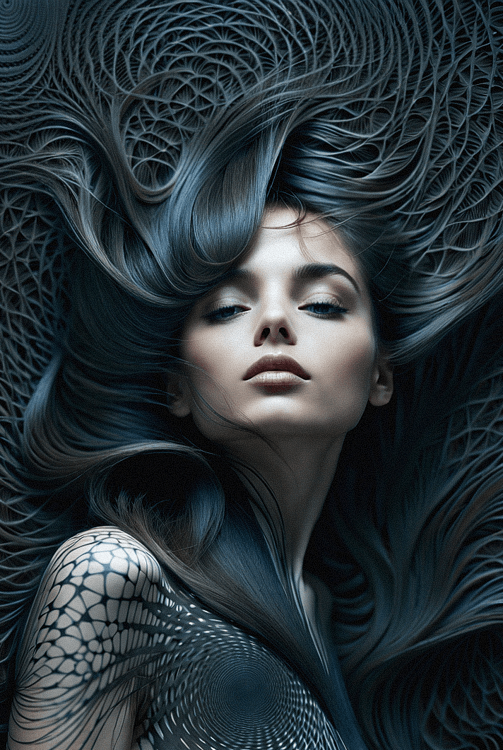 AI generated: "Create a digital artwork of a woman with a serene expression, lying back as her hair flows into an ...