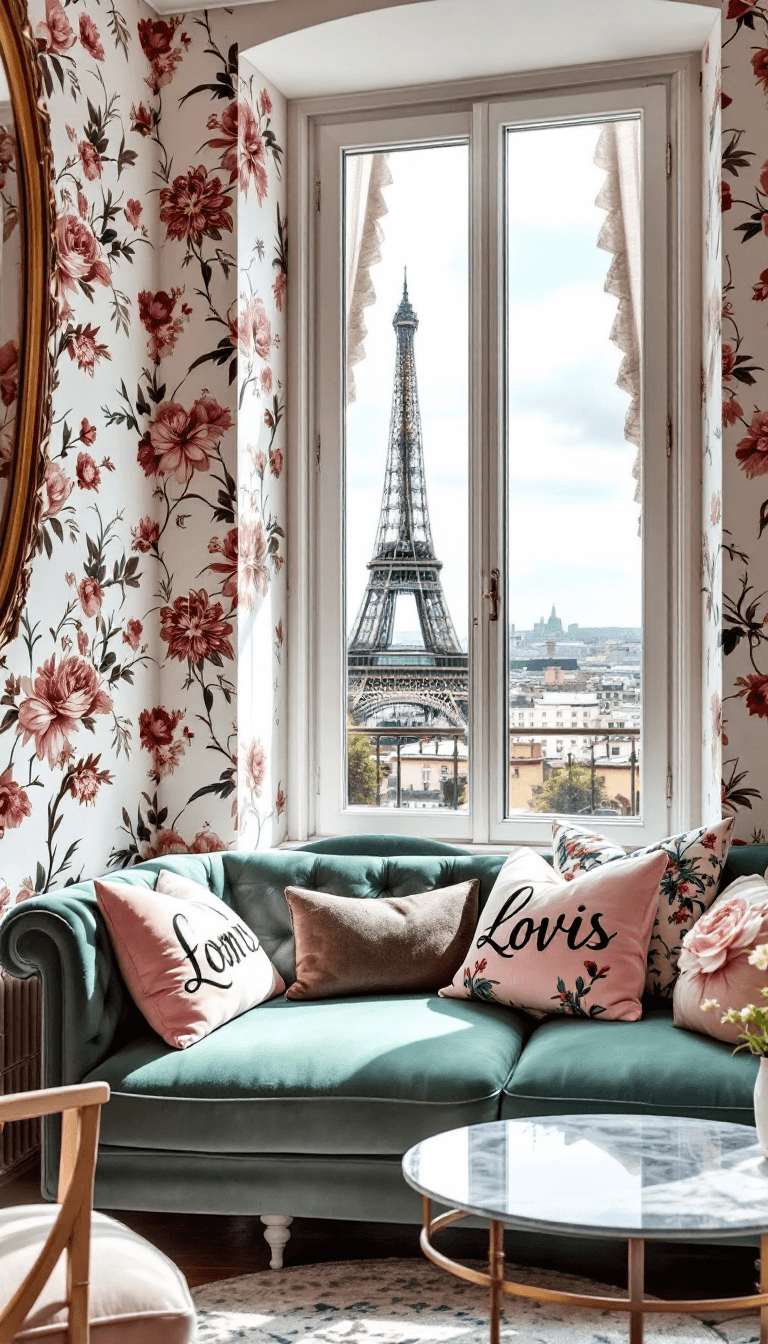 AI generated: a Parisian loft with views of the Eiffel Tower, romantic modern decor, floral wallpaper, feminin vel...