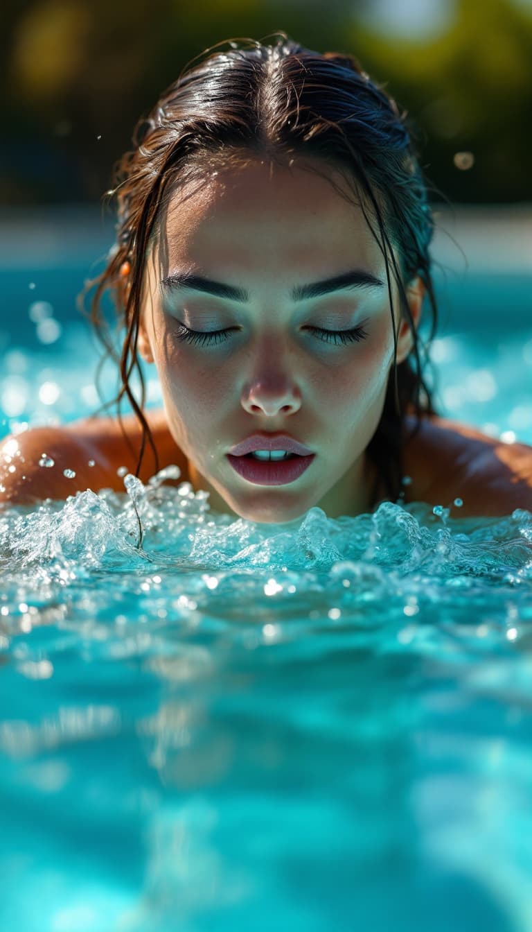 AI generated: extreme reality, hyper realistic, Beautiful, Woman Swimming, Outdoor Pool, Expressive Workout, Incre...