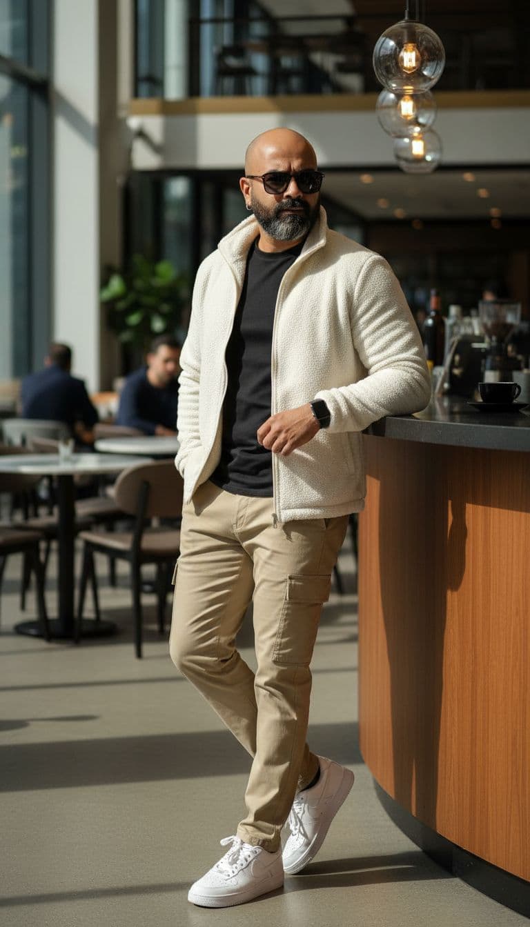 AI generated: ltra-realistie cinematie full-body shot of a stylish South Asian young man leaning casual n a modern...