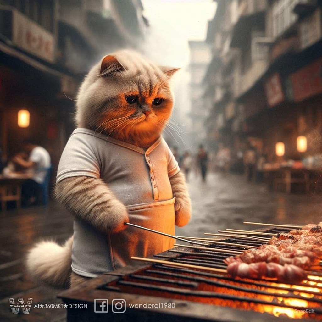 AI generated: Dramatic photo, panorama, full body, anthropomorphic real cute creamy cat, wearing old white sweatsh...