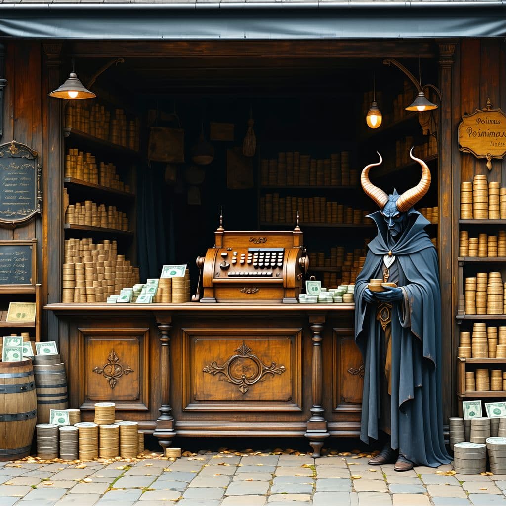 AI generated: posimas sales stand,attended by the devil,small horns,elegant european clothing,antique cash registe...