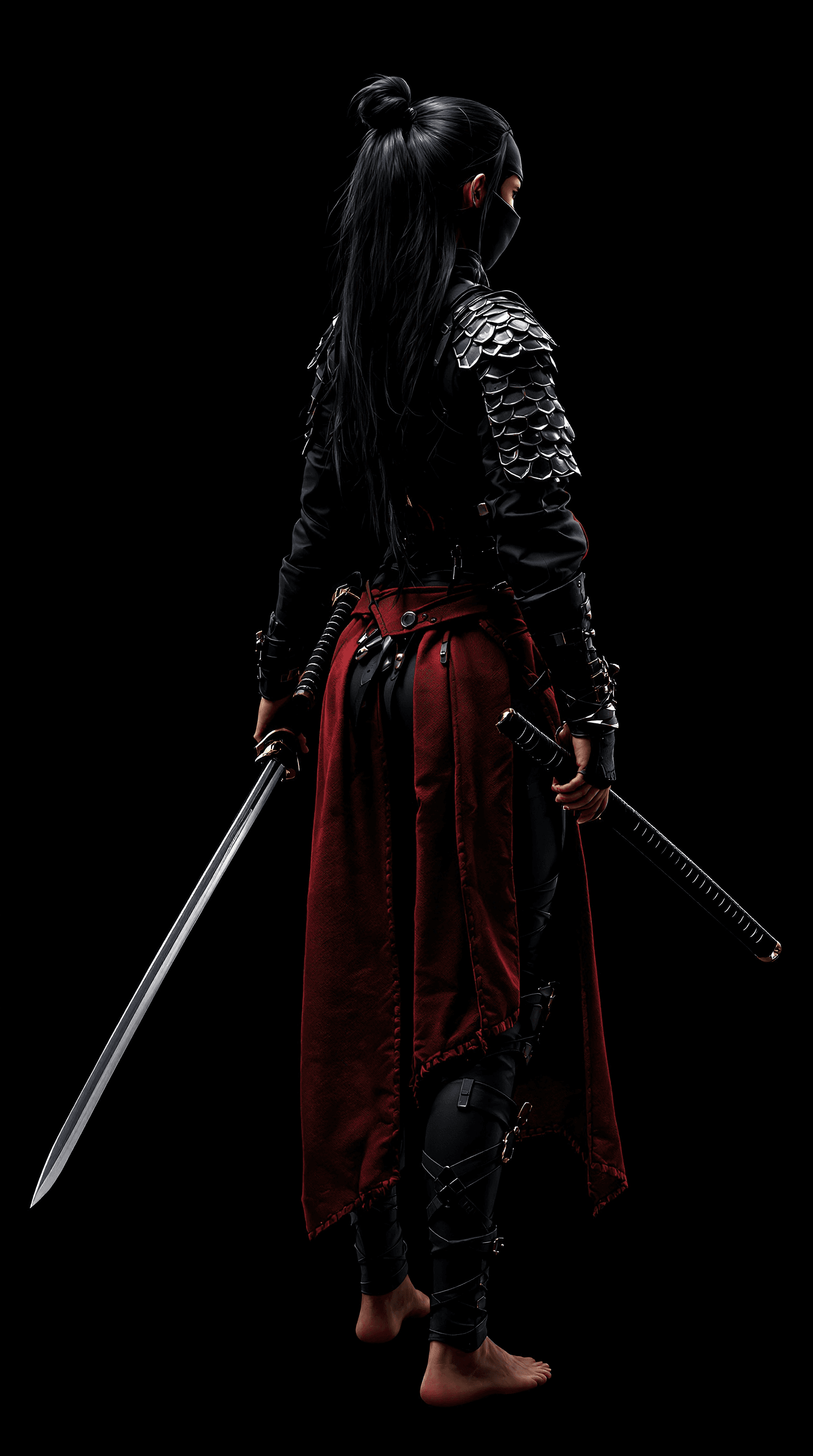 AI generated: Full body view of Female shinobi looking back, shot from front, masked, visible long black hair, wit...