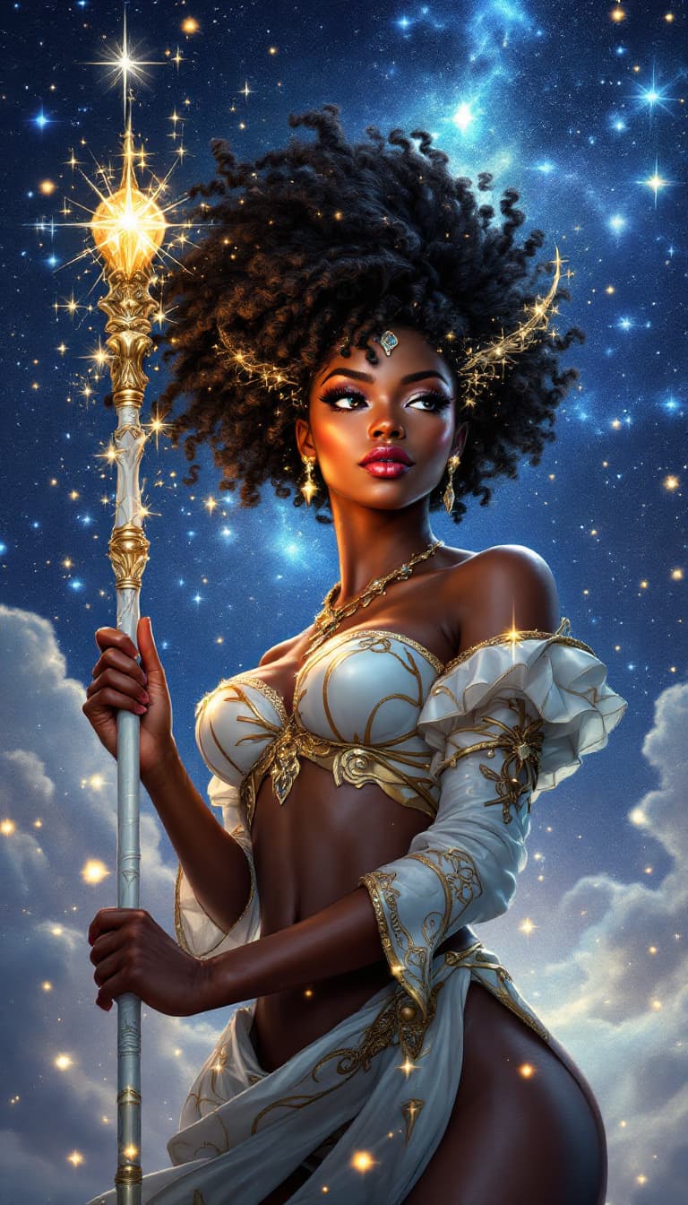 AI generated: "Glimmering Guardian with Whimsical Power": A vibrant image portrays a strong woman with a radiant e...