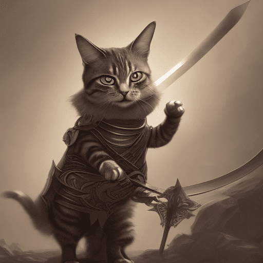 AI generated: fantasy illustration of a cat holding a sword, in the style of krenz cushart, utilitarian, skottie y...
