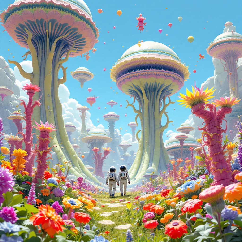 AI generated: A surreal alien landscape with giant, otherworldly plants and creatures in the foreground, two astro...