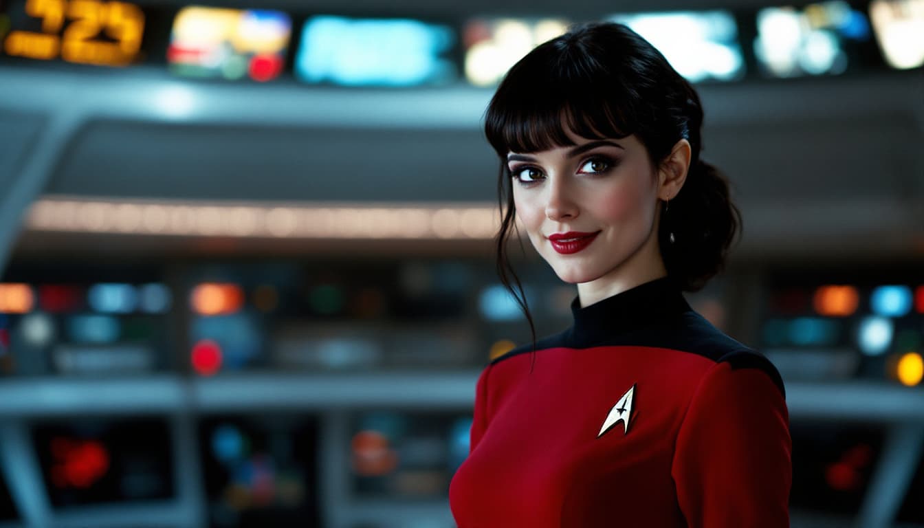 AI generated: 1969 portrait of a beautiful, young, goth, Winona Ryder as Lydia Deetz, Star Fleet ensign, smiling, ...