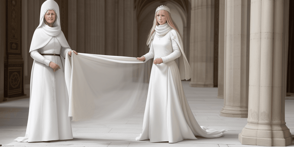 AI generated: une femme âgée de 70 ans, v^étue en blanc, avec un foulard blanc sur la tête , époque medievale, en ...