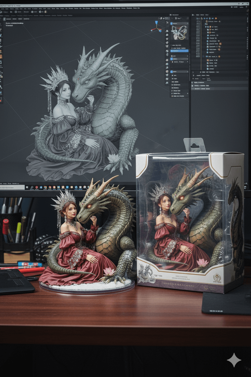 AI generated: Transforming the photographed person into a realistic 3D figurine in front of a computer desk. The c...