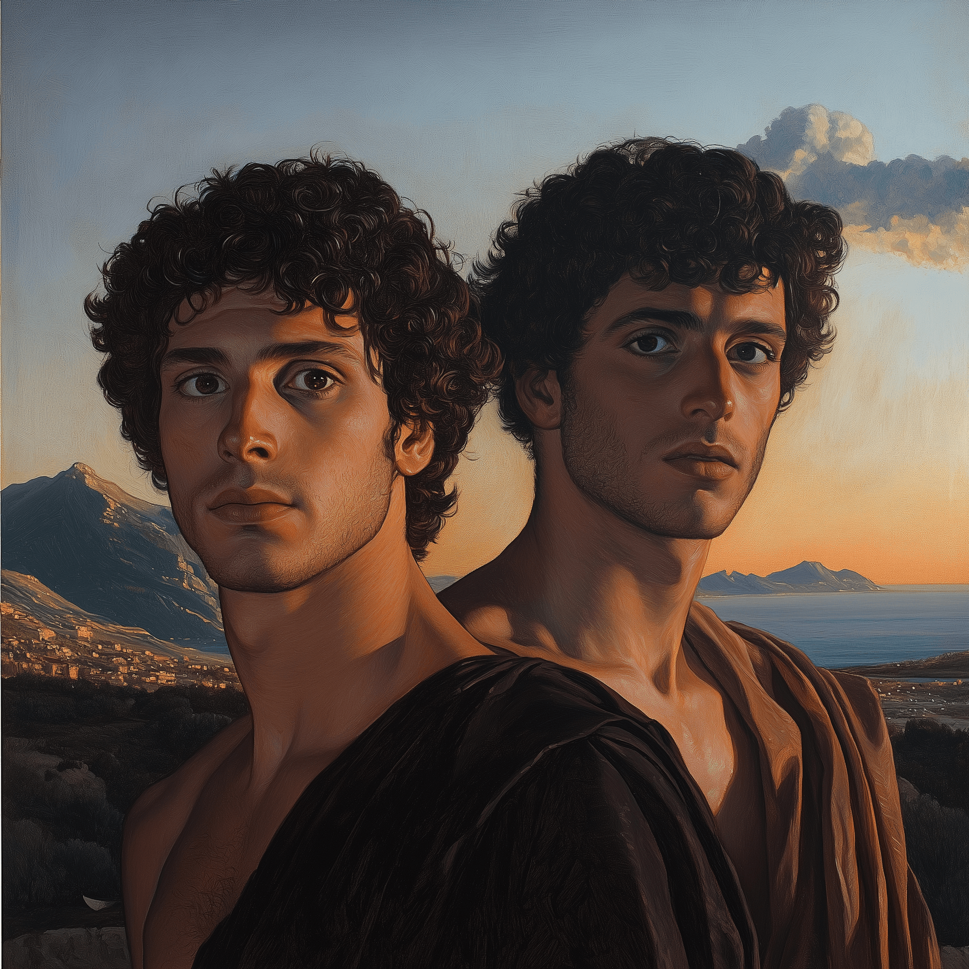 AI generated: A painting of two men with curly hair, one slightly taller and more muscular than the other, set aga...