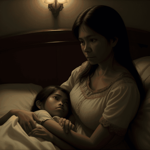 AI generated: Juan Holding Maria's Hand his mother, they are filipino: Juan sits beside her, maria lying in bed at...