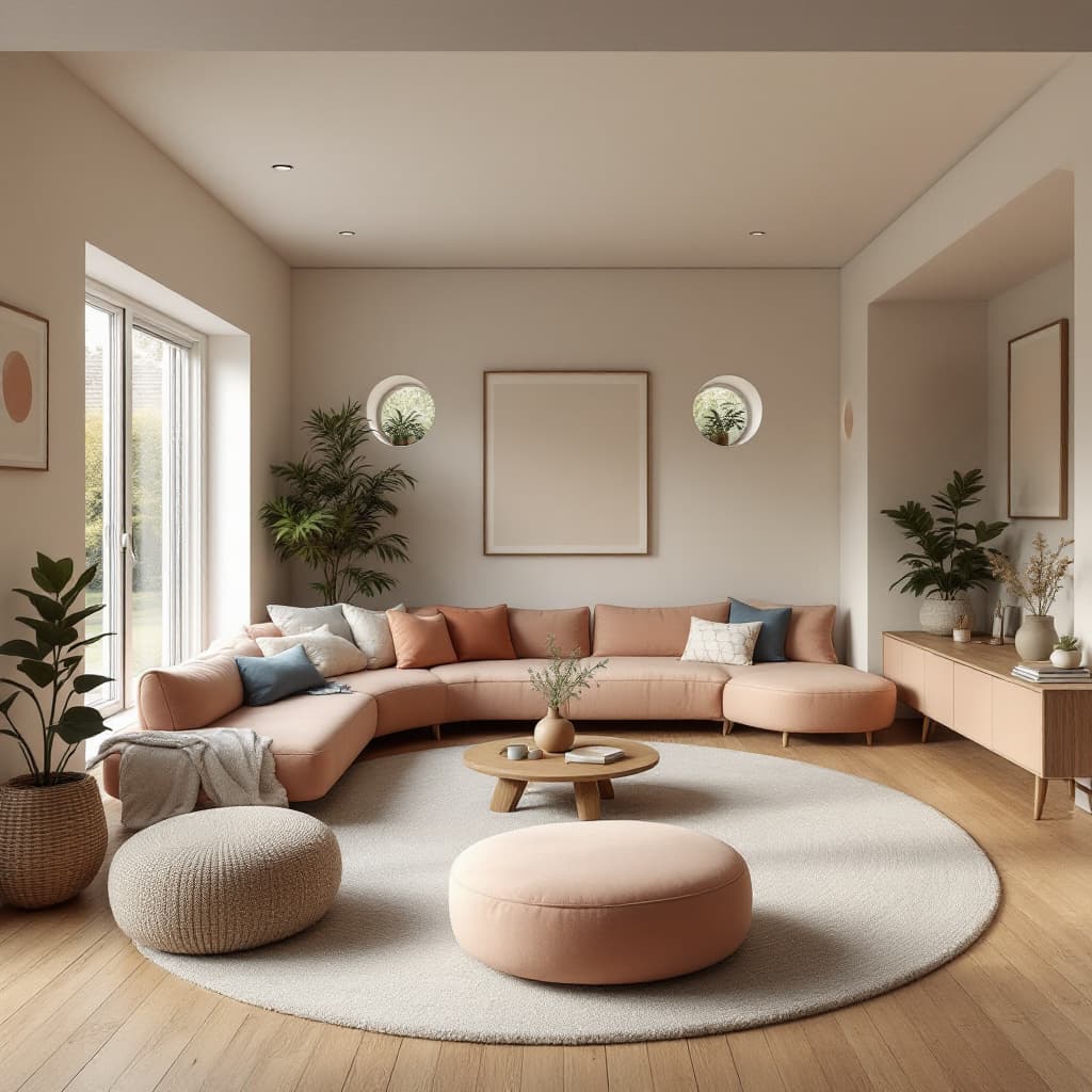 AI generated: High resolution photography interior design, dreamy sunken living room conversation pit, wooden floo...