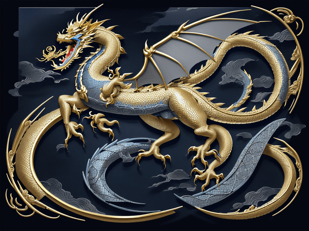 AI generated: gold scroll painting of an chinese dragon， in the style of dark sky-blue and dark gray， delicate and...
