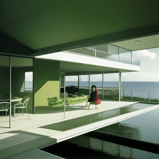 AI generated: girl in green Hyper realistic eye level exterior photo of a mid century modern style house overlooki...