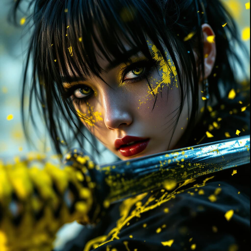 AI generated: Editorial Vivienne Tam photography of a gothic punk rebel Japanese [woman] with neon yellow and blac...