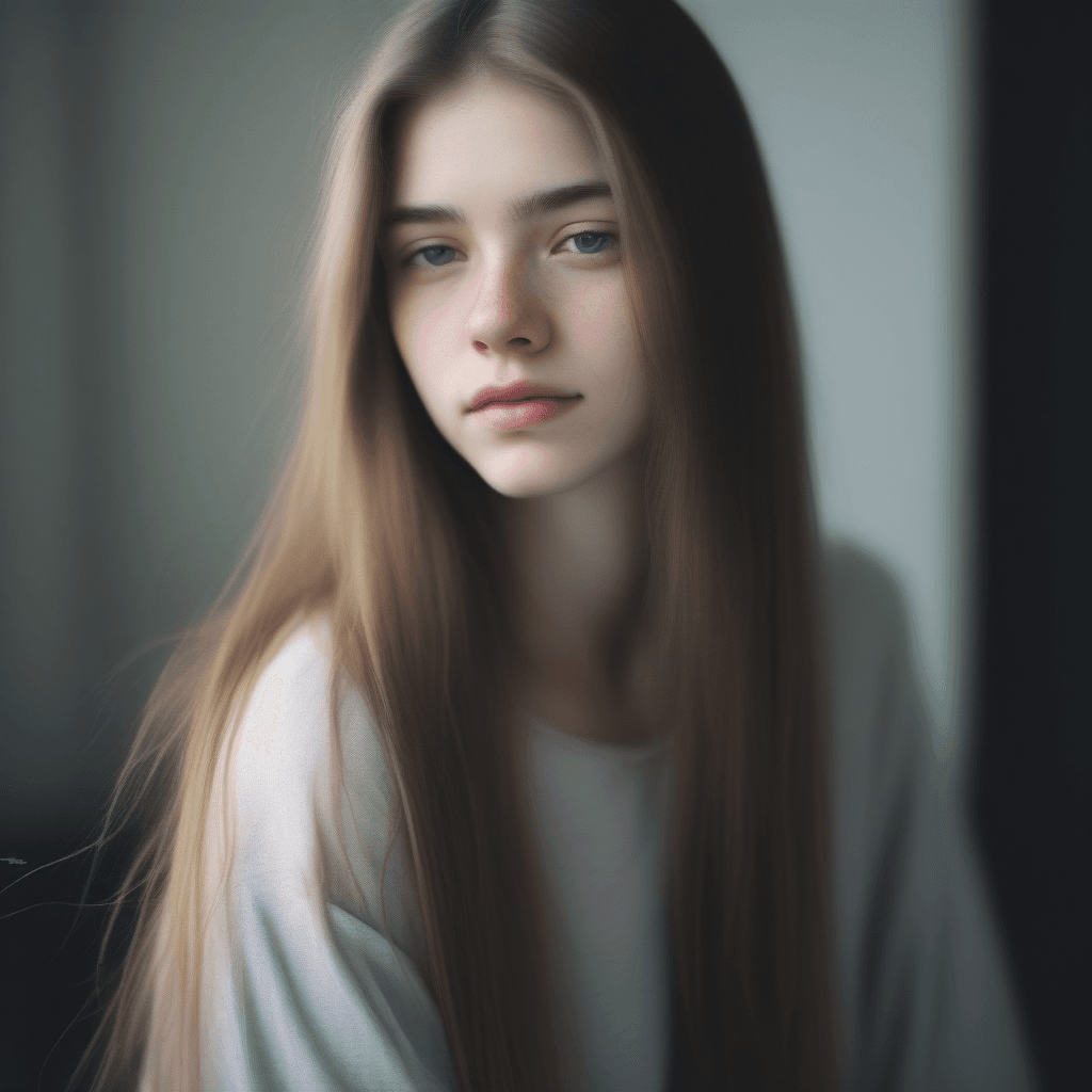 AI generated: a color photo of a beautiful woman with long straight hair and a little messy, american woman, soft ...
