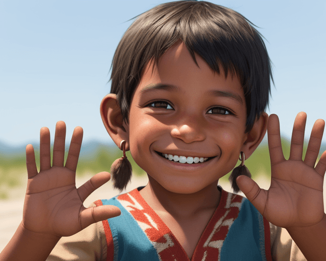 AI generated: realistic image of an indigenous child smiling and waving with his hand without ornaments, without m...
