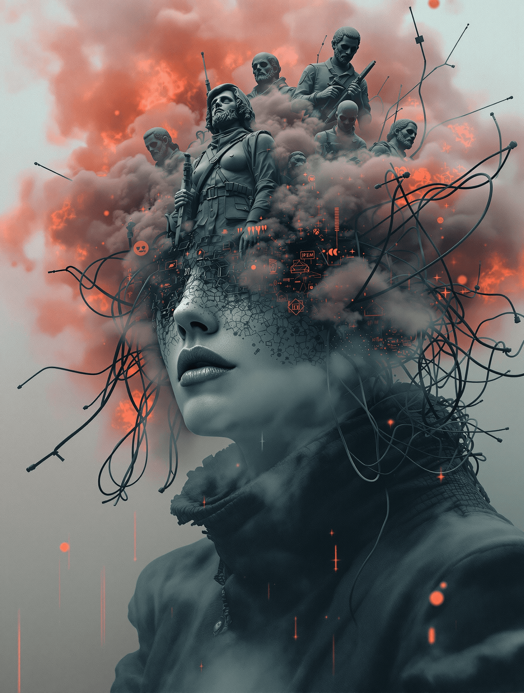 AI generated: faceless pollution woman with Chernobyl virus, wires and fog and smoke , war statues in his head , ....