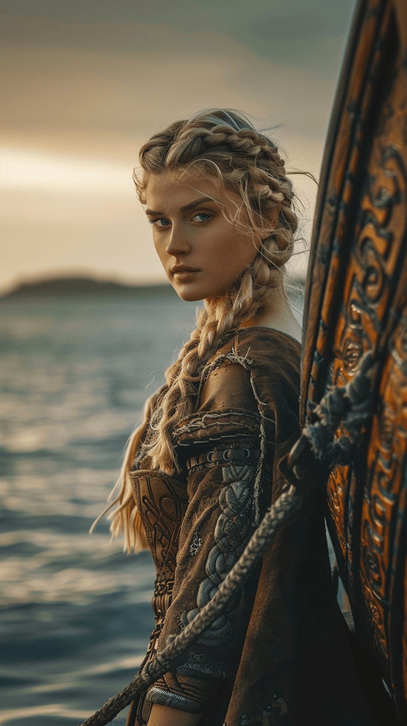AI generated: a fierce, beautiful, female Viking warrior leaning against the hull of a Viking boat, evening light,...