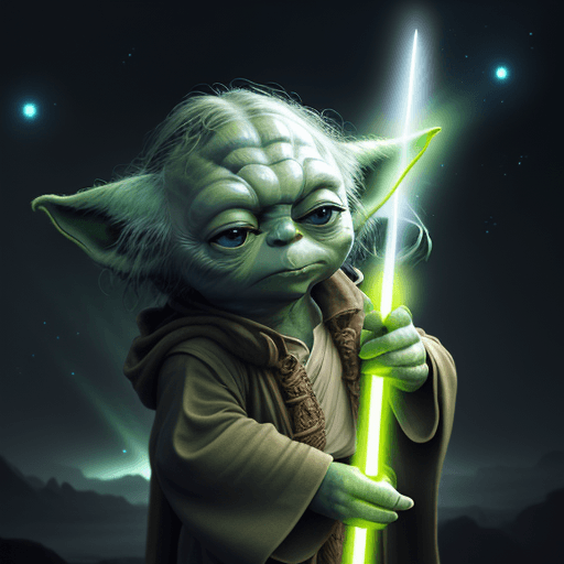 AI generated: Photo, background, YODA in cosmos, 4k, light sword, contemporary building 