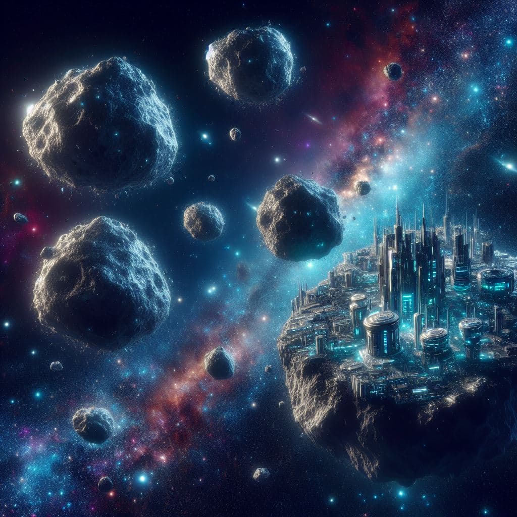 AI generated: A few different sized and shaped asteroids in deep space, asteroids bearing futuristic tech building...