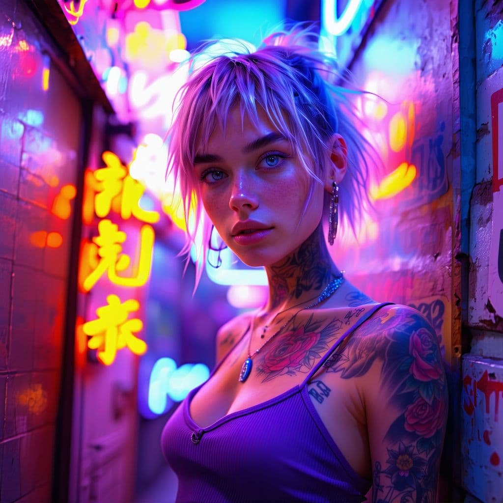 AI generated: a girl in a purple top in a neon city, in the style of chinapunk, iconic album covers, blue eyes, ra...