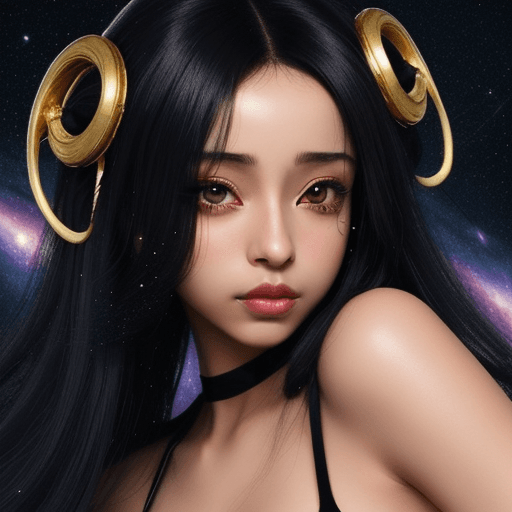 AI generated: anime sade girl. blak hair. hair over one eye. beautiful Gold galaxy in one eye. tear running down f...
