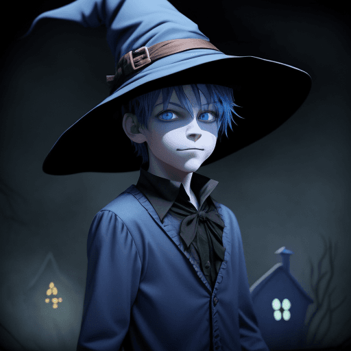 AI generated: 1boy, halloween outfit, wearing a witch hat, haunted house, spooky atmosphere, simple, beautiful, mo...