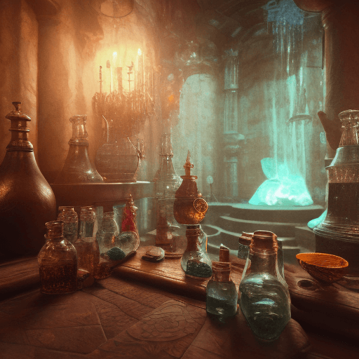 AI generated: 3D Render, concept art; video game potions; intricate elegant bottles; in a room with other potions ...
